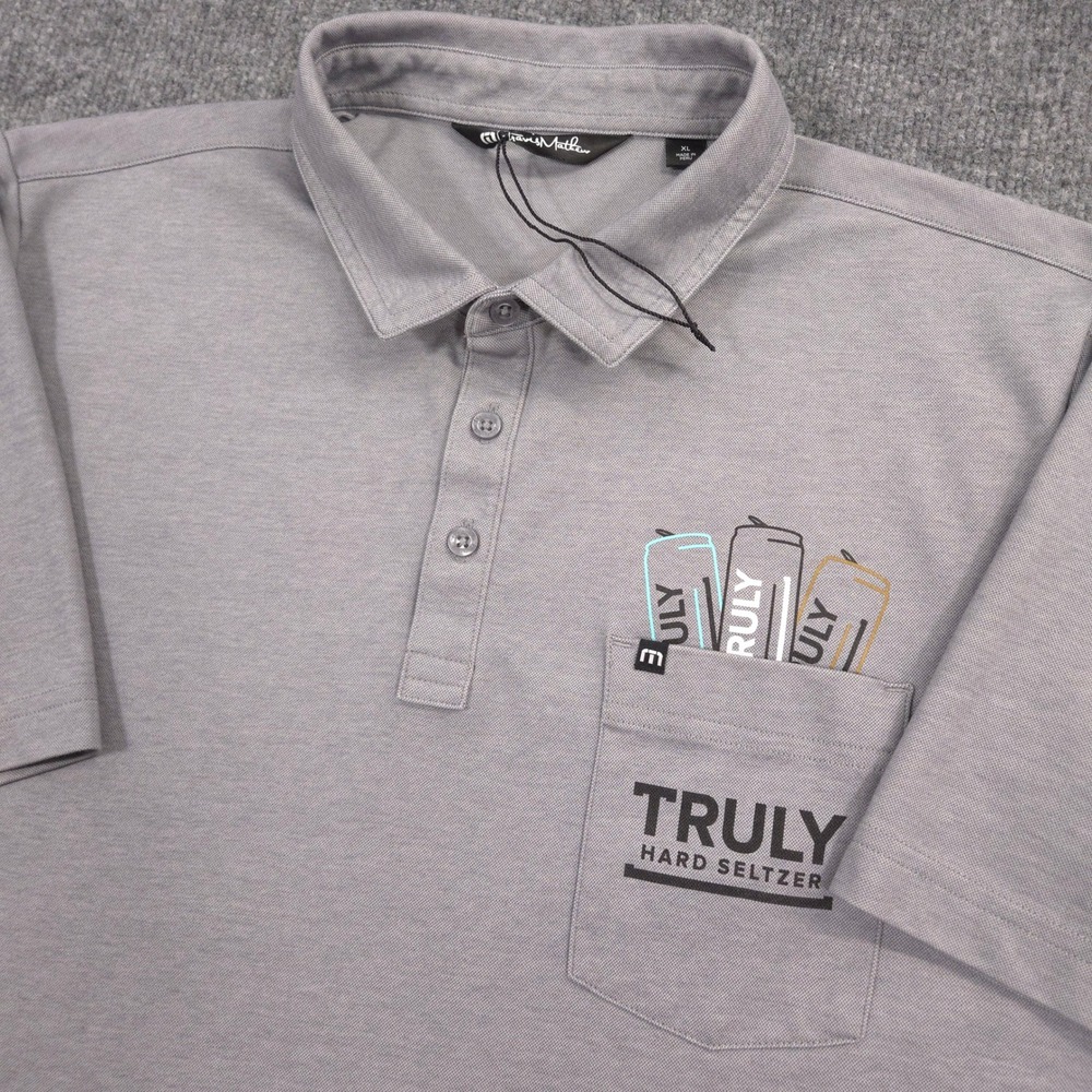 Travis Mathew Truly Hard Seltzer Polo Shirt Mens XL Gray Pocket Peak Logo Golf